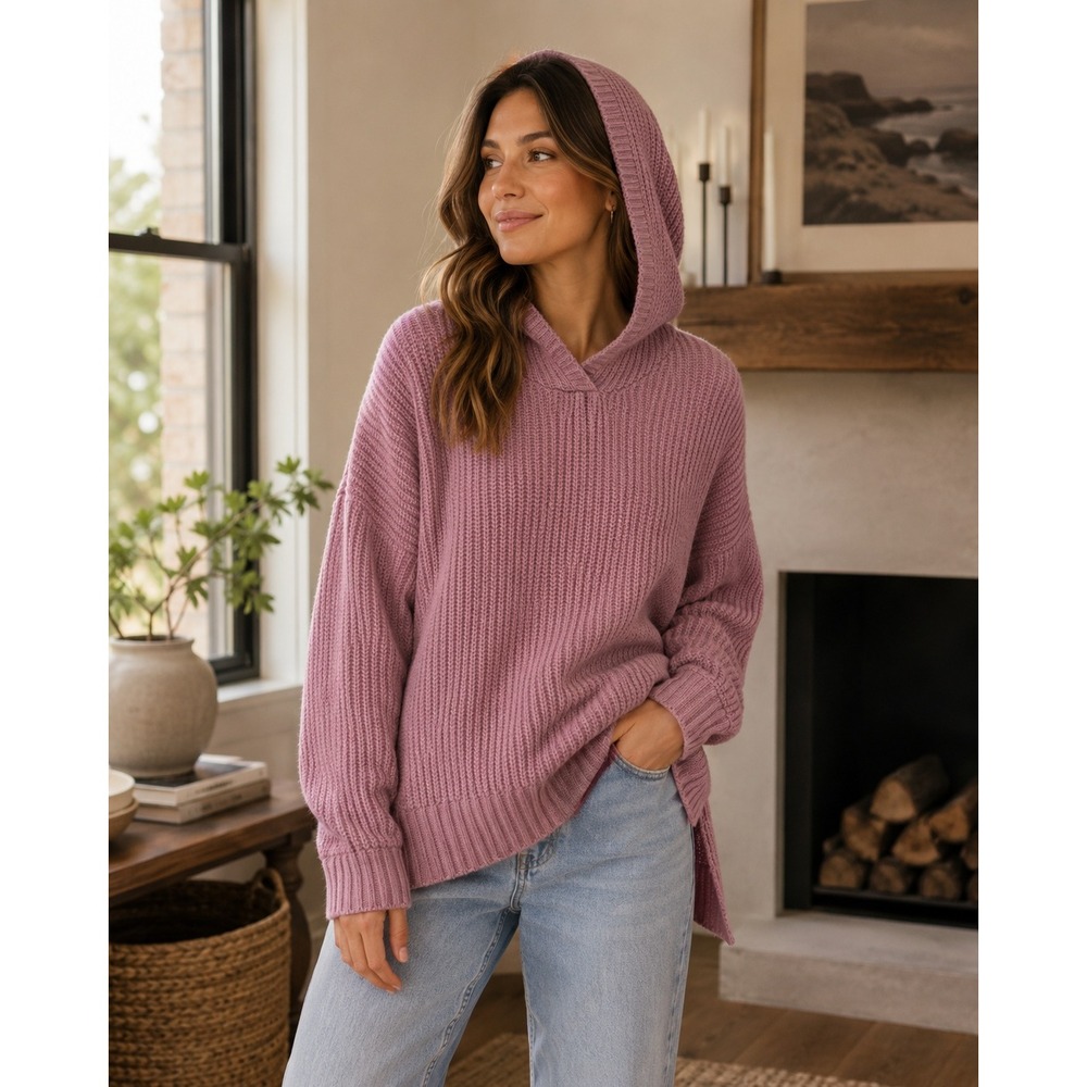 Rachel Zoe Sweater Hoodie Womens Small Purple Ribbed Knit‎ Oversized Athleisure